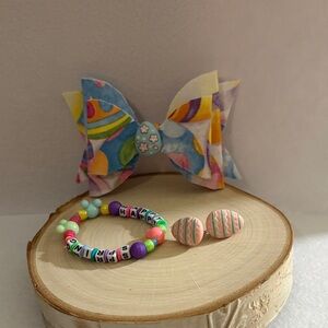 Handcrafted 3 Piece Easter Accessory Set- Hairbow, Bracelet, Earrings -Nee